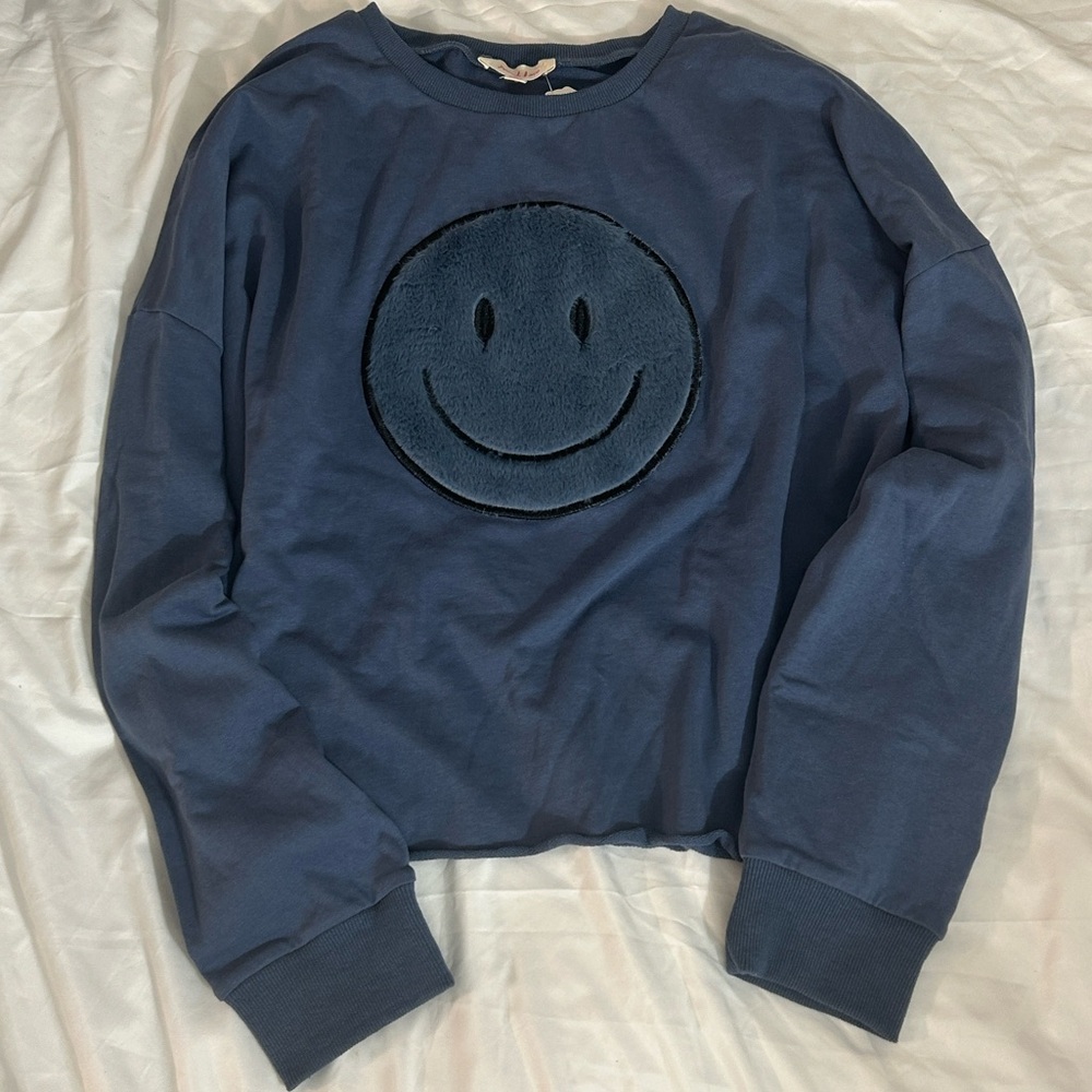 Peach Love California Oversized Raw Hem Semi Cropped Smiley Face Sweatshirt